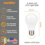 Sunlite 80864-SU LED A19 전구 9와트 60W 등가 800루멘 중형 : 대이