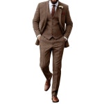 Aowdoy 레트로 트위드 헤링본 브라운 그레이 남성용 슬림 핏 3피스 남성 정장 신랑 드레스 턱시도스 프롬 의상 재킷 조끼 바지 라이트... 