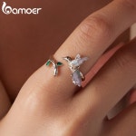 Bamoer 925 스털링 실버 핑크 꽃 새 여성을위한 오픈 반지 Kingfisher Hummingbird 조정 가능한 약혼 파티 쥬얼리 : 화선물류.