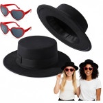 Kingdder 4피스 할로윈 가수 22 코스튬 세트 블랙 페도라 모자 하트 선글라스 울 넓은 챙 펠트 파나마 모자 하트 안경 절친 우정 할로윈 파티... 