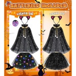 eAj 여자 들을 위한 튜베일 블랙 캣 코스튬과 케이프, 7개 LED 라이트 업 캣 할로윈 코스튬 3세 4세 5세 6세 7세 8명 Black : 룰라모리