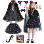 eAj 여자 들을 위한 튜베일 블랙 캣 코스튬과 케이프, 7개 LED 라이트 업 캣 할로윈 코스튬 3세 4세 5세 6세 7세 8명 Black : 룰라모리