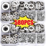 평와셔 580/180pcs 스테인레스 스틸  구색 키트 M2M12 금속 나사 플랫 링 일반 가스켓 볼트 용 패스너 : 함께더높게
