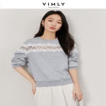 VIMLY 여성 운동복 2025 봄 가을 캐주얼 패션 스플 라이스 중공 레이스 그레이 긴 소매 루즈 탑 여성 의류 A0513 : BLAKE CHOICE