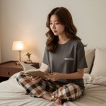 로테린 홈웨어 세트 티셔츠 상의 하의 긴바지 팬츠 체크 포인트 패턴 여성 여자 잠옷 반팔 : 루엔시