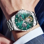 OLEVS 시계 남성 자동 감기 기계식 시계 밤하늘 문자판 가죽 벨트 방수 watch for men 블랙 : PrimeMarketJP