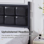 헤드보드와 발판이 덮인 인조 PU 가죽 플랫폼 침대, 강력한 슬랫 지지대, 12인치 언더베드 수납, 소음 없음, 복싱 스프링 필요 매터 블랙 : Grooove