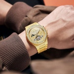 OLEVS 남성 자동 시계 자동 와인딩 야광 럭셔리 골격 별이 빛나는 방수 다이아몬드 시계 손목시계 DS-MU 스카이 1 G6690: Black strap & bl... 