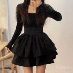 티류으스 여성 봄가을 헵번 스타일 검정색 프릴 롱 원피스 허리밴딩 스퀘어넥 A라인 드레스 Lyw 블랙 S : 리브드플랜