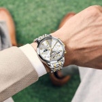 OLEVS 남성 자동 시계 다이아몬드 골격 와인딩 방수 기계식 럭셔리 달 페이즈 셀프 캘린더 손목시계 남성용 9 G6690: Silver band & bl... 