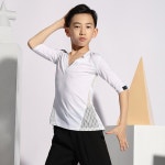 소년 라틴 댄스 탑 v 넥 셔츠 어린이 경연 대회 의상 룸바 차차 옷 블랙 화이트 : 바이셀원에이트