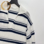 프랑스 스타일 여성 코튼 린넨 스트라이프 니트 스웨터 패션 올 매치 턴다운 칼라 풀오버 점퍼 탑 2025 가을 : 나래 오토