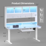 데스크, 높이 조절 가능한 허치 및 페그보드 게이밍 LED 조명이 스탠드업 전원 콘센트, 모니터 선반, 홈 오피스용 키보드 트레이, 흰색 : 니코스쓰리