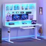 데스크, 높이 조절 가능한 허치 및 페그보드 게이밍 LED 조명이 스탠드업 전원 콘센트, 모니터 선반, 홈 오피스용 키보드 트레이, 흰색 : 니코스쓰리