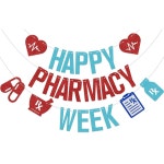 SJcysrilla 해피 약국 주간 배너 약사 감사 장식 우리 파티 용품 파란색과 빨간색 반짝이 : 수제인