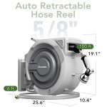 5/8인치 x 100피트 길이의 접이식 정원 호스 릴, 야외 릴 - 자동 벽걸이 밀폐 보관, 길이 잠금 장치, 10 패턴 노즐-그레이 1/2 66 FT Hose... 