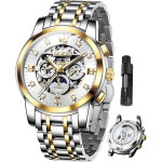 OLEVS 남성 자동 시계 스켈레톤 다이아몬드 럭셔리 기계식 셀프 와인딩 드레스 손목 방수 발광 1 G6721: Black band & Bla : 레몬스토리2