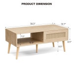 보관 가능한 ZttRiee 우드 커피 테이블, 슬라이딩 라탄 도어... 나무 다리가 있는 보호 식탁, 거실용 작은 오크 Oak_LSJ008 Black : 위드미AD