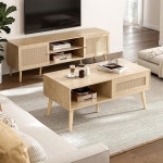 보관 가능한 ZttRiee 우드 커피 테이블, 슬라이딩 라탄 도어... 나무 다리가 있는 보호 식탁, 거실용 작은 오크 Oak_LSJ008 Black : 위드미AD