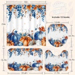 화장실 뚜껑 커버와 미끄럼 방지 러그가 있는 아트타운 가을 호박 샤워 커튼 세트 단풍잎 추수감사절 오렌지 블루 수채화 식물 욕실 장식... 
