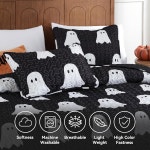 잔자 할로윈 퀼트 킹사이즈 블랙 침구 세트, 고스트 패턴 극세사 가벼운 이불 3개 (104 90 ) 1개 및 베개 커버 2개 (20 36 Black Queen(90... 