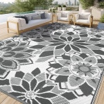 LOKHOM 파티오용 야외 러그, 2.7 x 3.7m(9 12피트) 양면 플라스틱 빨대 Gery & White 5 x 8 : 쏙샵나라