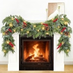 프리라이트 앤 타이머 - 9피트 x 10인치 더 두꺼운 리얼 터치 시더 갈랜드, 50개의 따뜻한 조명, 사실적인 부드럽고 무성한 파인 레드 베리... 