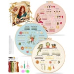 하이요미웃음 초급 자수 키트 3팩 스티치 기법, 스탬프 패턴, 자수 후프, 다채로운 실, 도구, 단계별 지침 및 비디오 튜토리얼이 포함된 DIY... 