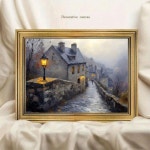 2DFlat 복고풍 금색 또는 검정색 프레임 캔버스 벽 예술 - 조약돌길과 돌집이 유럽 가을 풍경 29.97x39.88 : 에스디산업4