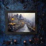 2DFlat 복고풍 금색 또는 검정색 프레임 캔버스 벽 예술 - 조약돌길과 돌집이 유럽 가을 풍경 29.97x39.88 : 에스디산업4