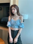 오프숄더 데님 크롭탑 청지 크롭 나시 퍼프소매 데님탑 청 나시탑 데님 블루 S : 자연소담