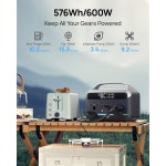 휴대용 발전소 600W(1200W 서지), 1시간 고속 충전이 가능한 576Wh LiFePO4 태양광 발전기, 100W USB-C PD 출력, 가정 비상용 파워 뱅크... 