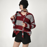 [SET] 초이델 스트라이프 루즈핏 브이넥 울 긴팔 니트 머플러 세트 Stripe Loose-Fit V-Neck Wool Knit Muffler Set : 누아뮤트