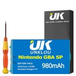 게임보이 어드밴스 SP 배터리, [업그레이드] 980mAh 3.7V 리튬 폴리머 교체용 충전식 이온 수리 교체 도구 키트 포함 닌텐도 SP(GBA SP) 호환... 