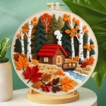 초보자를 위한 젠칭 가을 숲속 오두막 자수 키트 - 사전 인쇄된 29x29cm 면직물, 후프, 실 및 도구가 포함된 완성 세트(C0140) : 글로벌체커