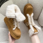 H2907 스웨이드 4CM통굽 키높이 퍼부츠 레이스업 미들부츠 귀여운 털스니커즈 러블리 끈워커(1/C) : ROSY CABINET