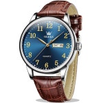 OLEVS 남성용 시계 읽기 쉬운 캐주얼 가죽 데이트 방수 블루 / 블랙 실버 페이스 : 딜팡몰