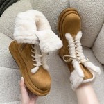 H2907 스웨이드 4CM통굽 키높이 퍼부츠 레이스업 미들부츠 귀여운 털스니커즈 러블리 끈워커(1/C) : ROSY CABINET