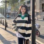 여성용 스트라이프 스웨트 셔츠,  스타일 Kpop 올매치 캐주얼 루즈 인스 패션, V넥 스트리트웨어, 편안하고 시크한, 가을 신상 : 네이루