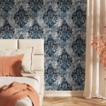 이조그브리 빈티지 잉크 블루 네이비 다마스크 플라워 필 앤 스틱... 스틱, 렌터 아파트용 이지 오프 접점 부착 Multicolor 17.7 x 118 : 자성샵