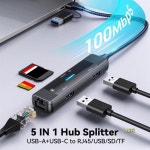 1개 5-IN-1 USB C 허브 분배기 - RJ45 랜 이더넷 2.0/3.0 어댑터 회색 알루미늄 합금 PC 노트북용 : 텐더플랜