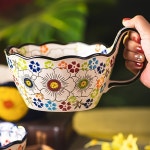 일본 도자기 전자레인지 사용 가능 손으로 그린 손잡이 그릇 - 국수 샐러드 및 아침 과일에 적합 : 원테크.