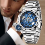 투명 패션 다이아몬드 발광 기어 무브먼트 로얄 디자인 남성 럭셔리 기계식 골격 손목시계 G1089-blue : 호라니네