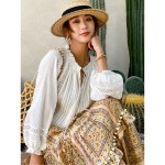 화이트 보헤미안 리본 보헤미안블라우스 중년여성 에스닉 흰색 S : 나시난육육