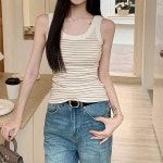 여성 스트라이프 민소매 티셔츠 끈 나시 : 쇼핑머니