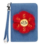 에세루 패스포트 커버, 인형 플라워 디자인, 레드 플로럴 플러시 커버 지갑, 장식용 손목 스랩, 인조 진주 밴드, 스마일리 페이스, 데님 홀더 1... 