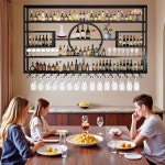 63인치 금속 와인 랙 벽걸이, 유리 홀더가 있는 주류 병용 다기능 바 선반, 홈 및 다이닝 룸용 모던 우드 선반 블랙(57인치 높이) : 소로상회