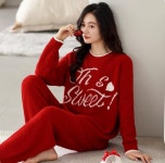 P0027  파자마 녀 추동 코럴 캐시미어 도톰 레드 홈웨어 추동 반폴라 풀오버 기모 세트 : ZX산업