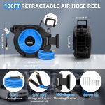 100FT + 6.5FT 리트랙터블 에어 호스 릴, 헤비 듀티 3/8인치 x 하이브리드 자동 되감기, 차고 작업장용 황동 피팅이 포함된 300PSI 벽걸이... 
