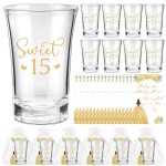 하와위시 25세트 퀸체네라 파티 손님에게 황금 스위트 15개 아크릴 클리어 샷 잔 감사 카드 오간자 가방 미스 15번째 생일 선물 25 : 암그루트
